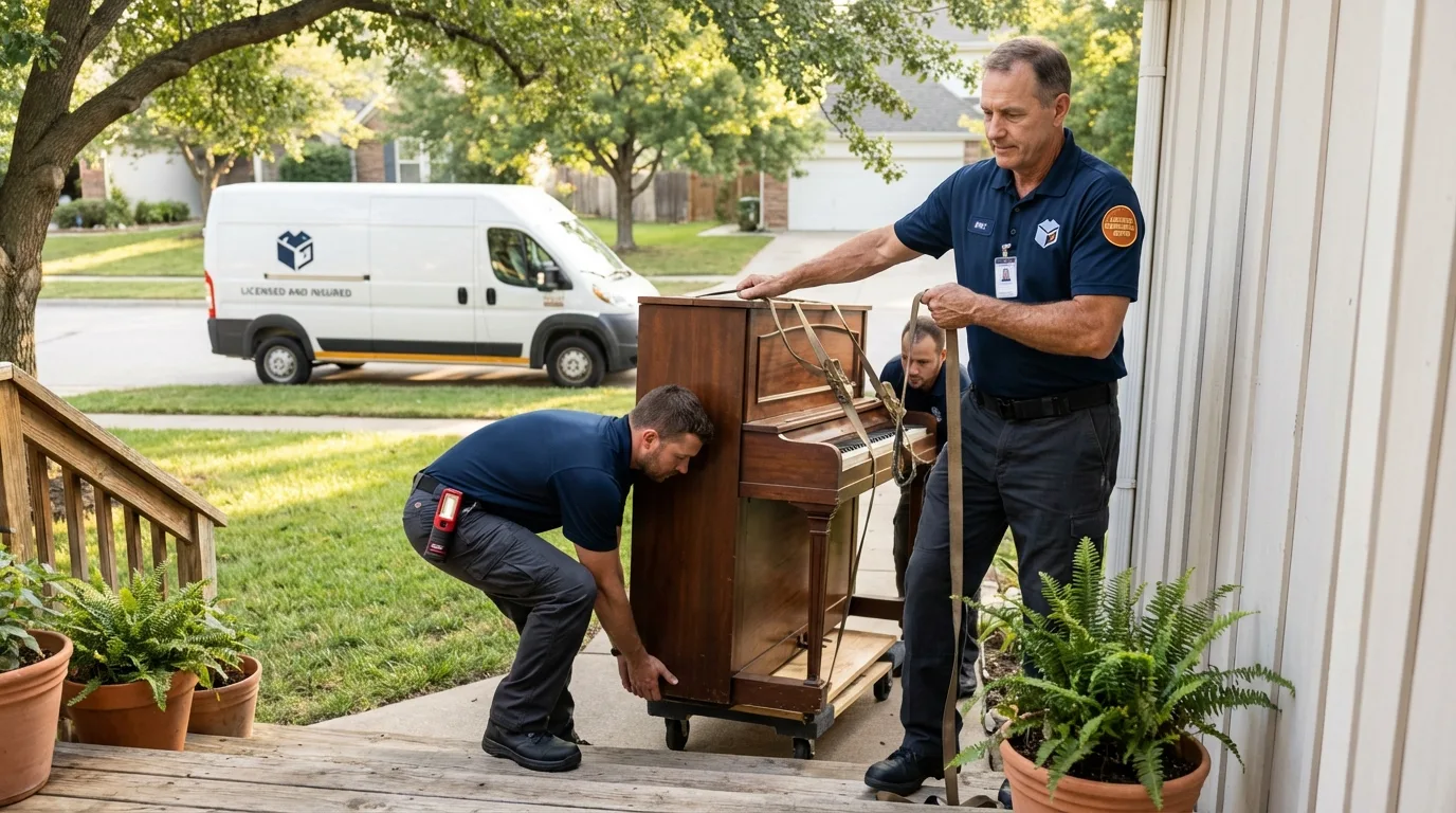 Licensed piano movers securing grand piano in Westville, IL