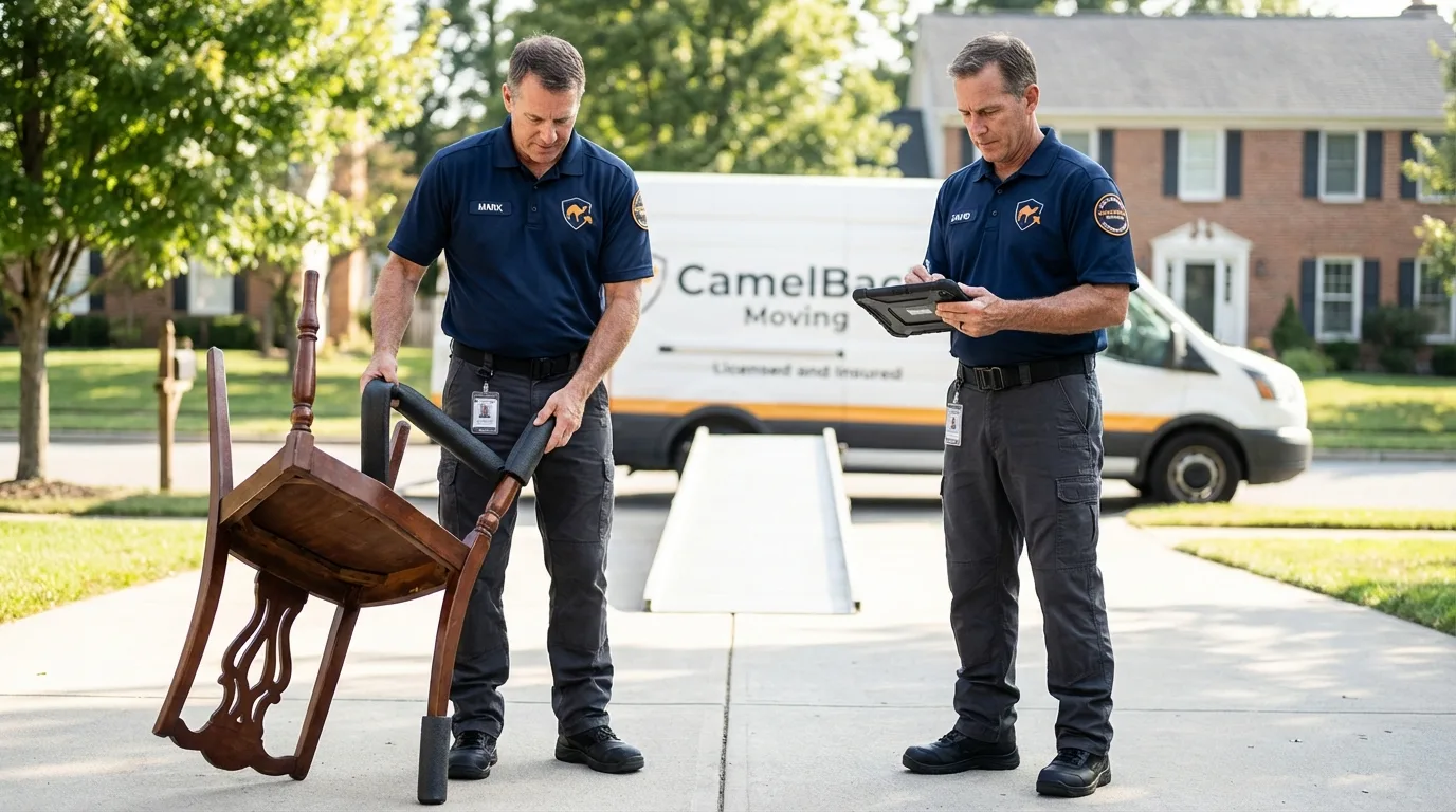 Movers inspecting furniture for damage prevention before loading in Westville, IL
