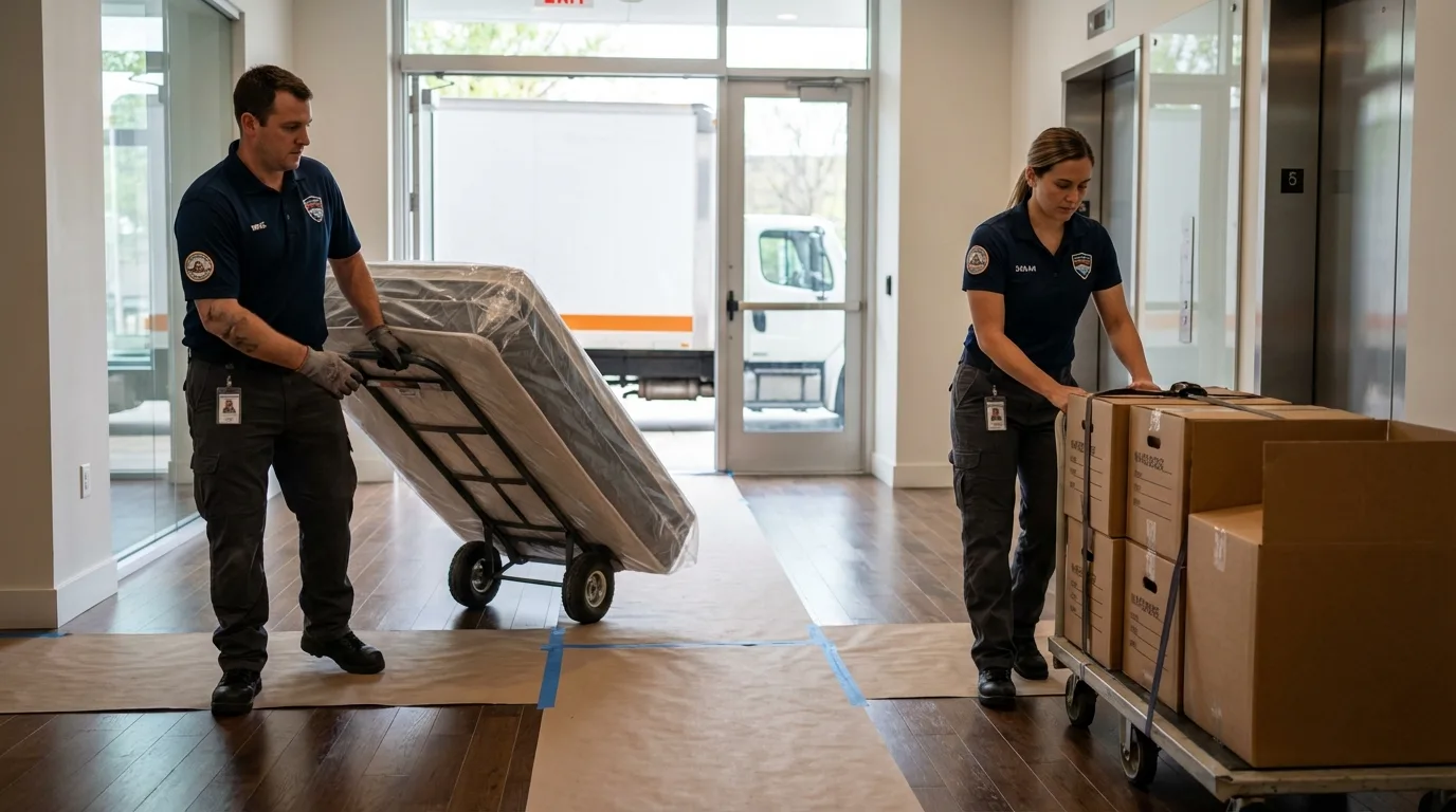 Professional apartment movers loading elevator in Westville, IL
