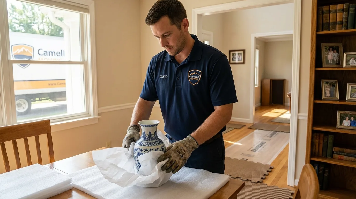 Professional crew carefully wrapping antique vase for senior downsizing move in Westville, IL